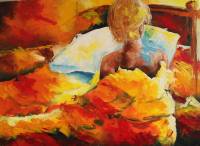 307. vrouw op bed,, acryl 2015, 60x80 cm. part bez.
